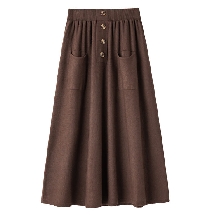 Women's midi skirt made of wool blend with A-line, elastic ribbed waistband, decorative button placket, and patch pockets Mune Fashion
