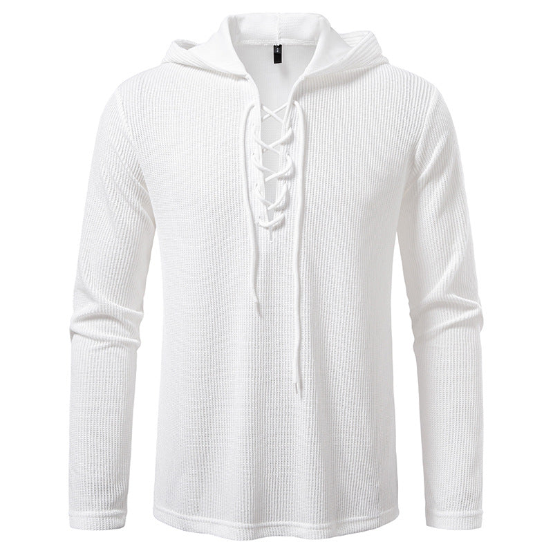 Men's waffle knit hoodie with lace-up collar and straight hem Mune Fashion