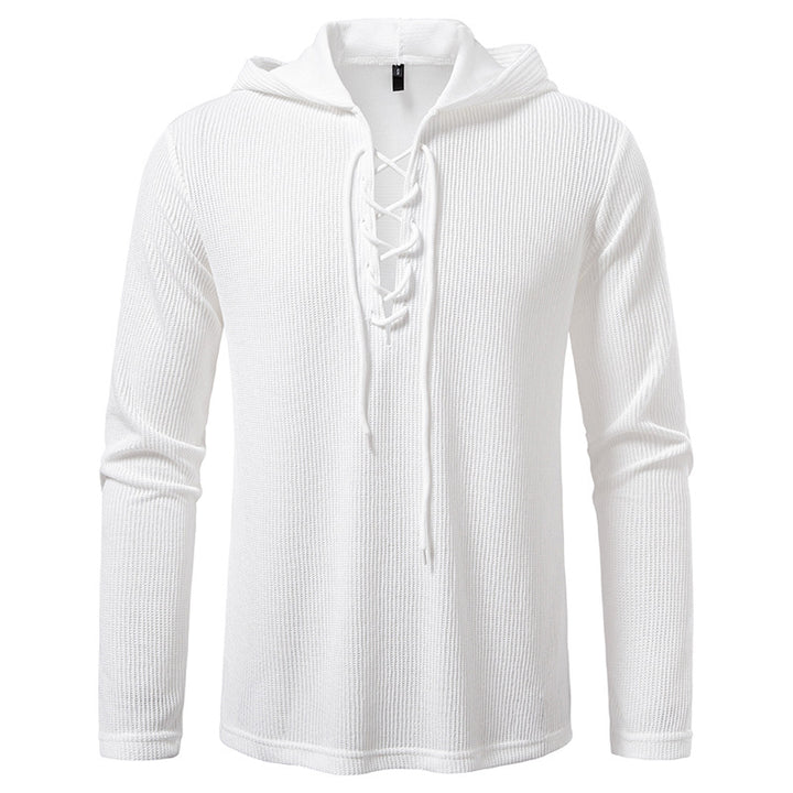 Men's waffle knit hoodie with lace-up collar and straight hem Mune Fashion