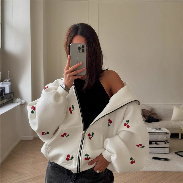 Women's playful hooded zip pullover with cherry print and oversized fit Mune Fashion