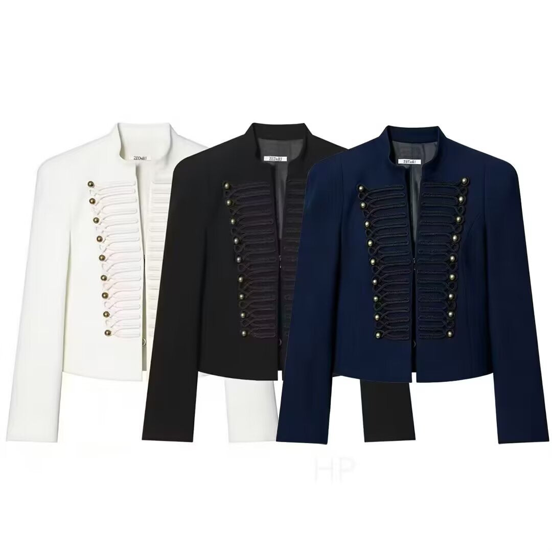 Women's Short Blazer with Military Frog Decoration and Stand-Up Collar Mune Fashion