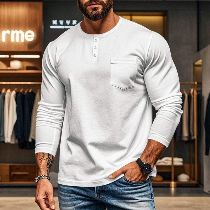 Men's fitted Henley long sleeve shirt with chest pocket and fine stretch jersey Mune Fashion