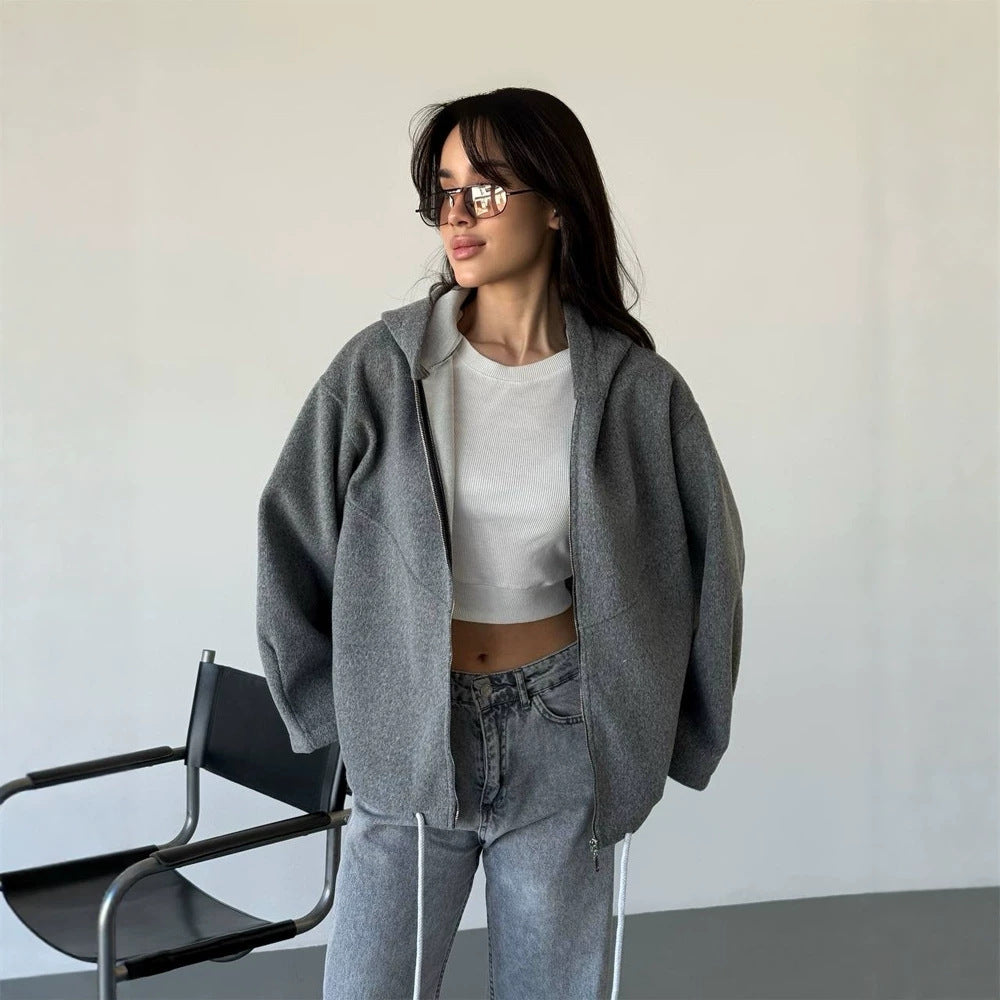 Women's Oversize Hoodie Jacket with Zipper and Drawstring Hem Mune Fashion