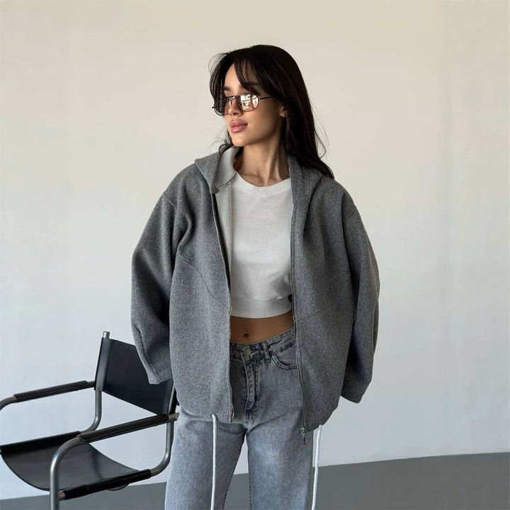 Women's Oversize Hoodie Jacket with Zipper and Drawstring Hem Mune Fashion