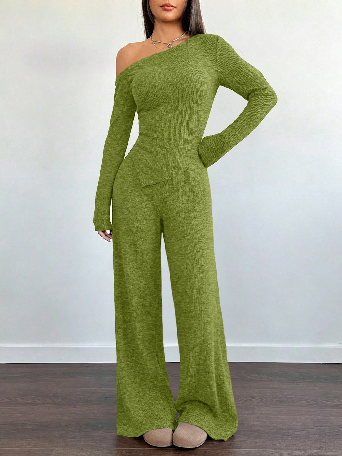 Women's Asymmetrical Knit Lounge Set with One-Shoulder Top and Wide Leg Mune Fashion