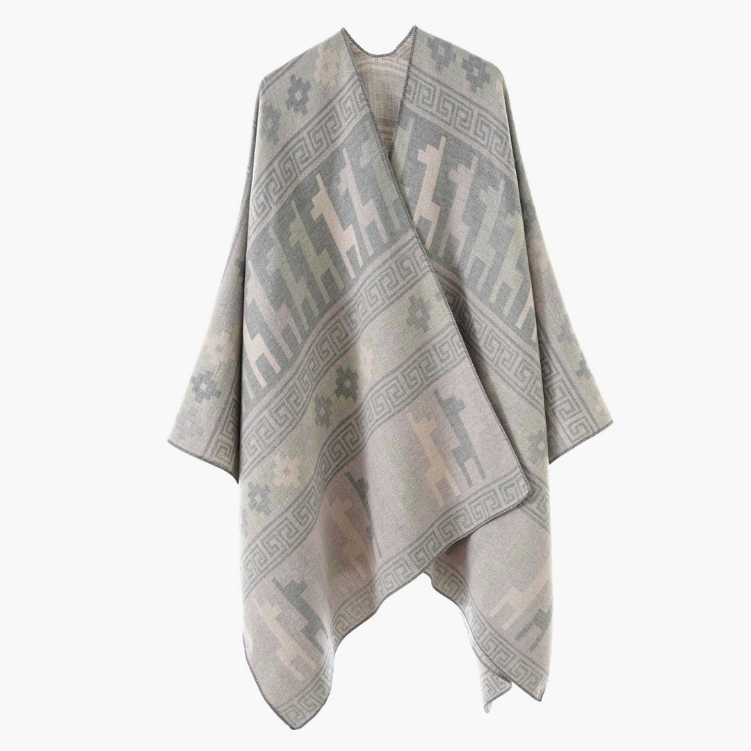 Women's jacquard knit poncho with ethnic animal motifs and open kimono cut Mune Fashion