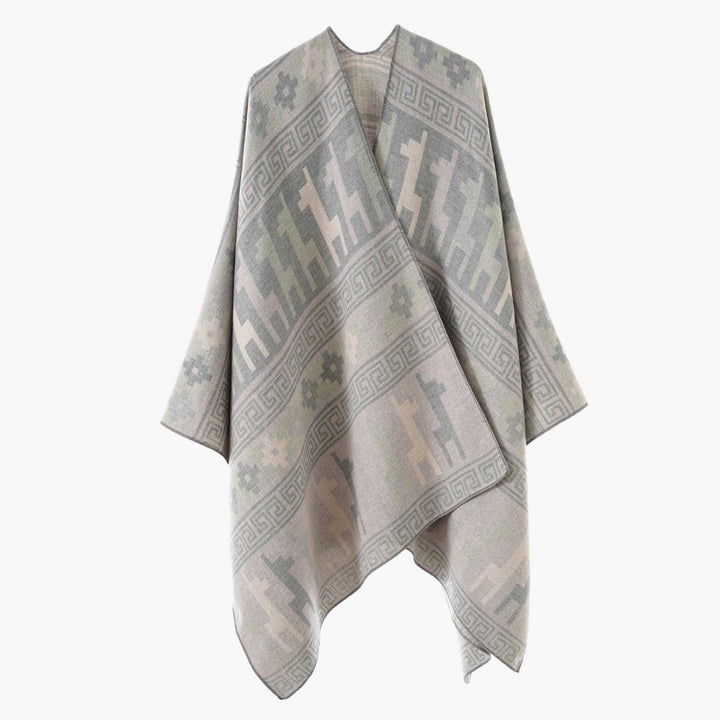 Women's jacquard knit poncho with ethnic animal motifs and open kimono cut Mune Fashion