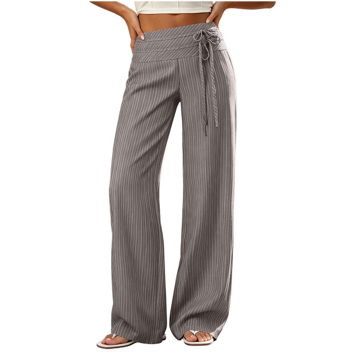 Women Wide High-Waist Palazzo Pants with Striped Pattern and Tie Belt Mune Fashion
