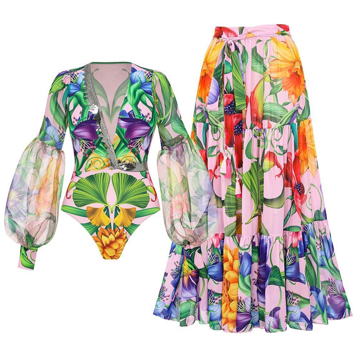 Women's one-piece swimsuit with transparent flounce sleeves Mune Fashion