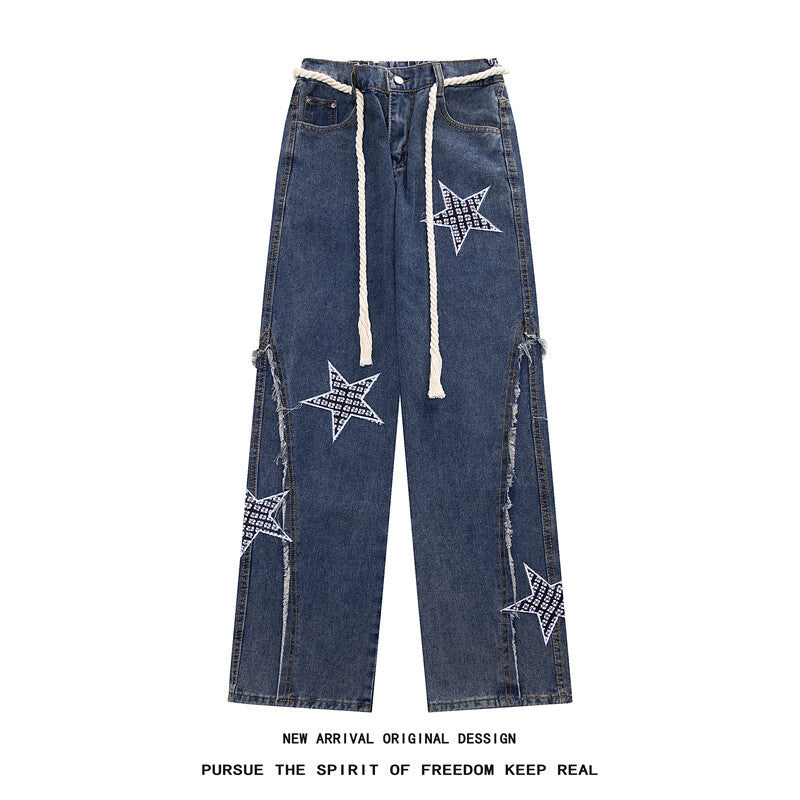 Women Wide High-Waist Denim Pants with Star Applications, Fringe Side Slits and Drawstring Waist Mune Fashion