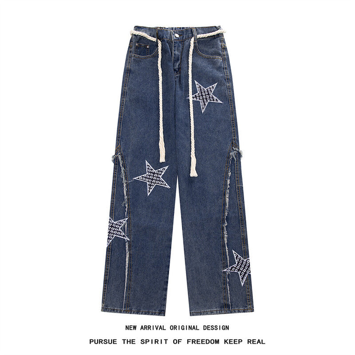Women Wide High-Waist Denim Pants with Star Applications, Fringe Side Slits and Drawstring Waist Mune Fashion