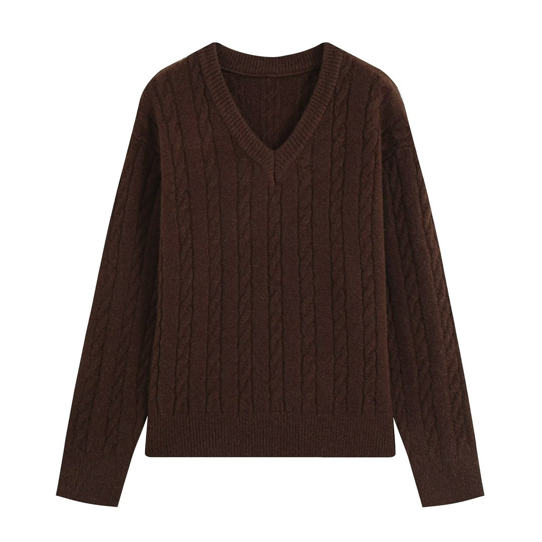 Women's Oversize Cable Knit Sweater with V-Neck and Wide Ribbed Cuff Mune Fashion