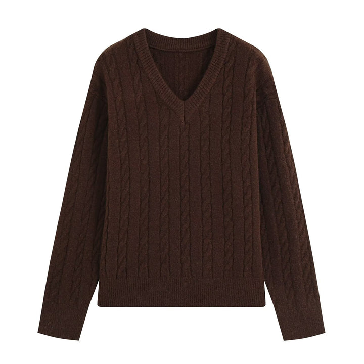 Women's Oversize Cable Knit Sweater with V-Neck and Wide Ribbed Cuff Mune Fashion