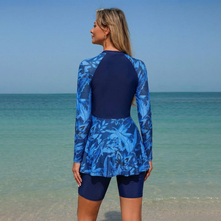 Women's Sporty Long Sleeve Swim Suit with Skirt Mune Fashion