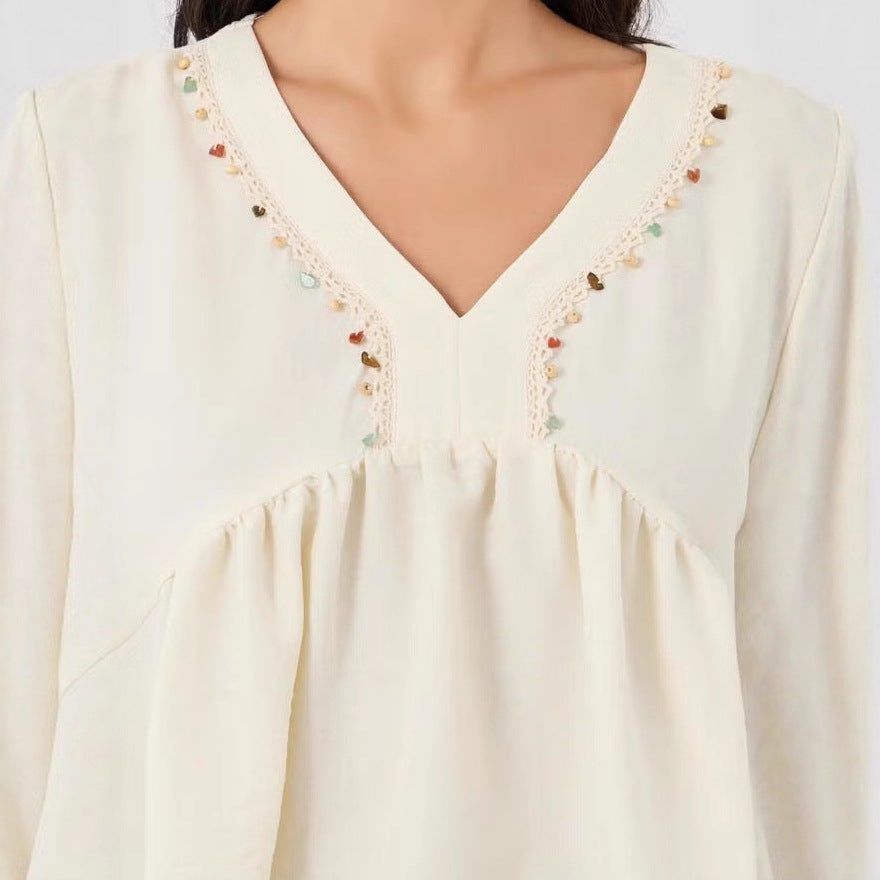 Women's Loose V-Neck Blouse Top with Embroidery Detail and Empire Gathering Drune