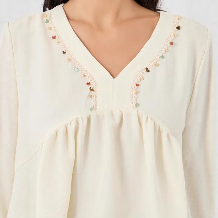 Women's Loose V-Neck Blouse Top with Embroidery Detail and Empire Gathering Drune