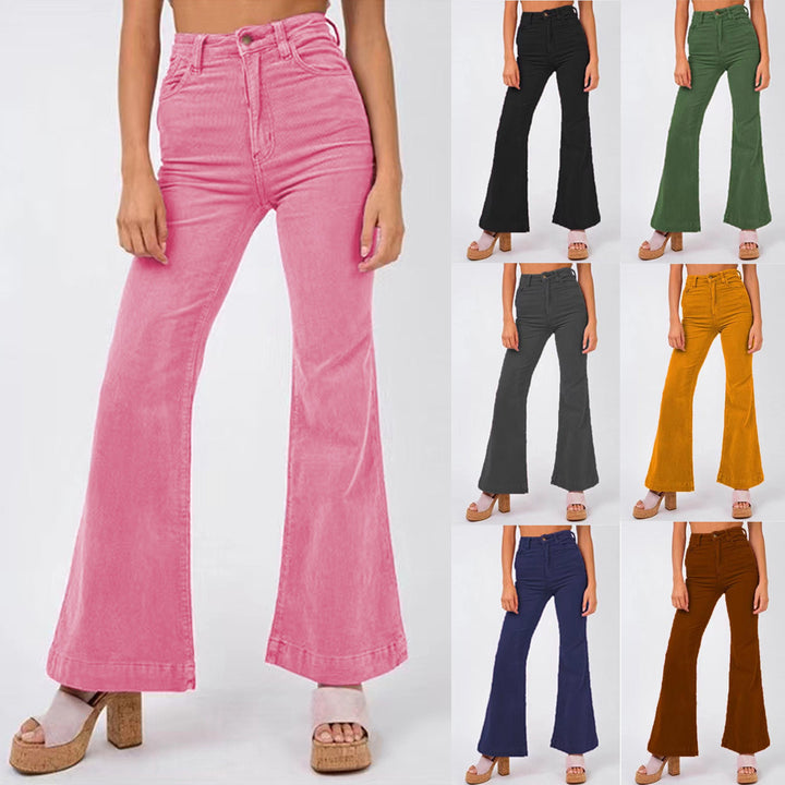 Women High-Waisted Flared Trousers with Wide Leg and Stretch Waistband Mune Fashion