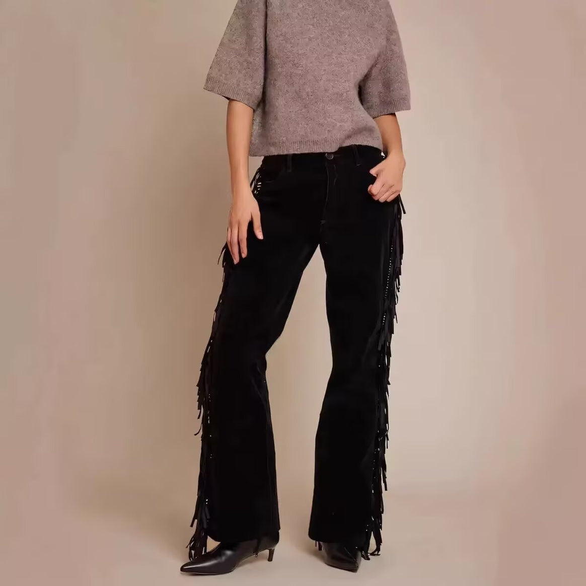 women's wide culotte pants with fringe trim and velour look Mune Fashion