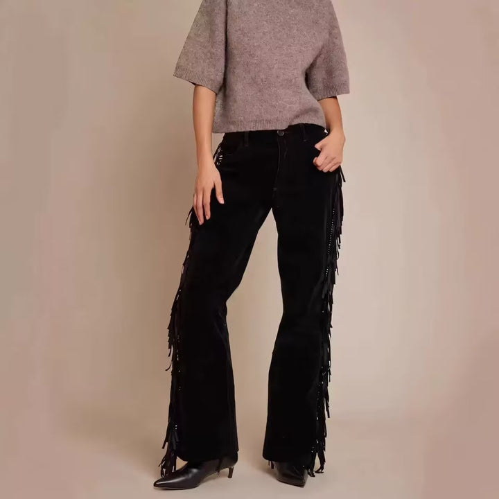 women's wide culotte pants with fringe trim and velour look Mune Fashion