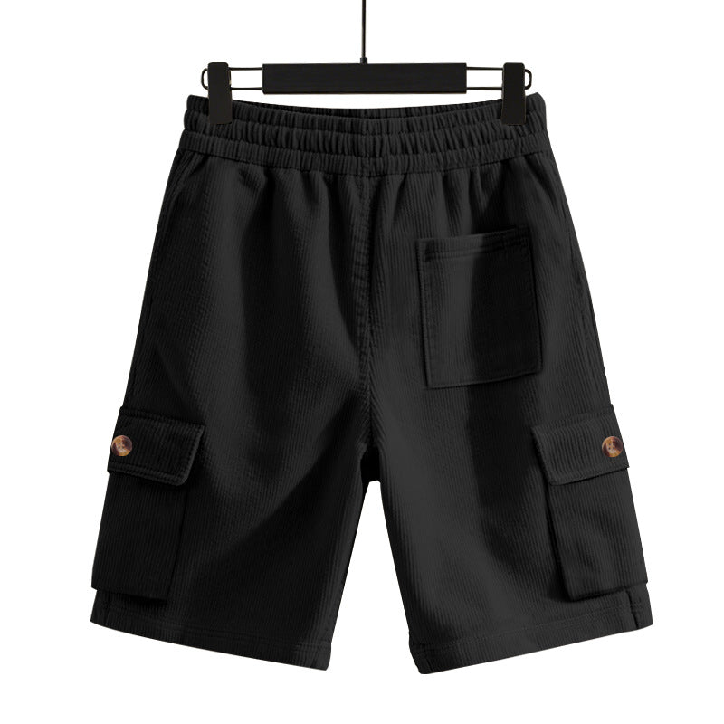Men's cord cargo shorts with elastic drawstring waistband, patch cargo pockets, and soft cotton blend Mune Fashion