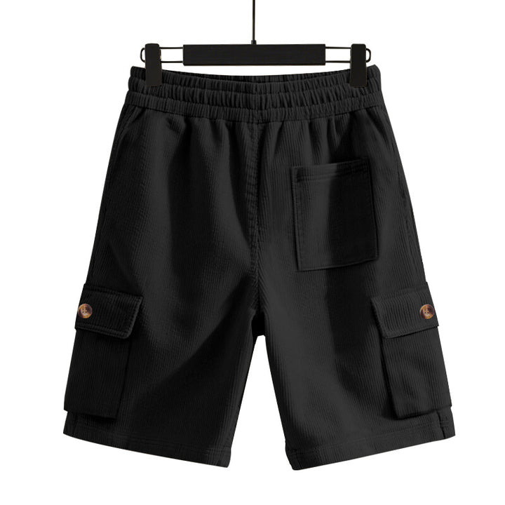 Men's cord cargo shorts with elastic drawstring waistband, patch cargo pockets, and soft cotton blend Mune Fashion