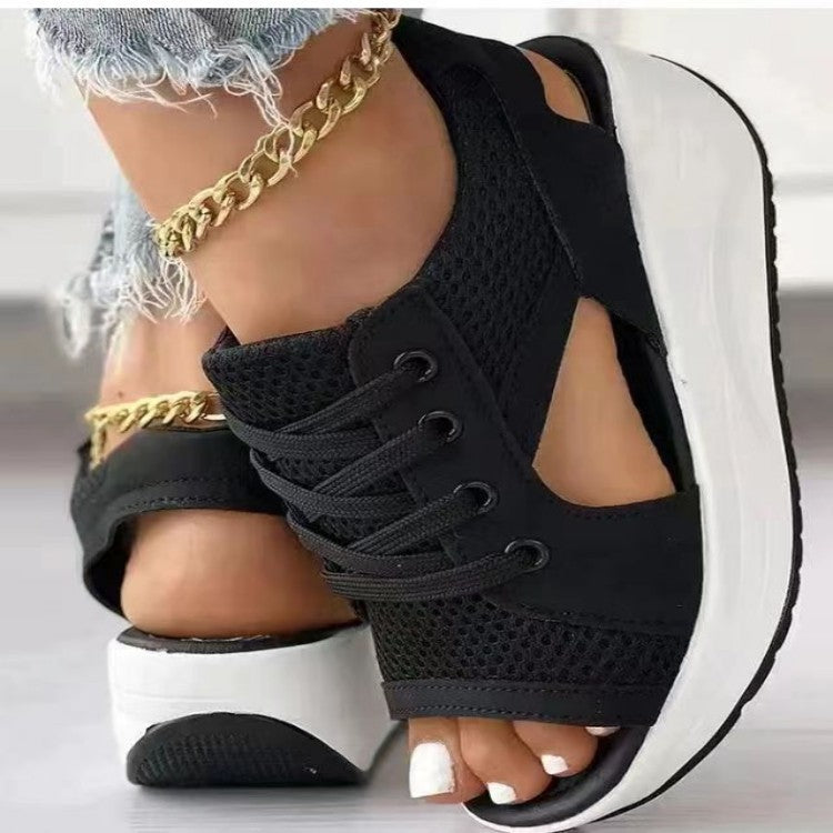 Damen Offene Keil-Sandale-Sneaker mit atmungsaktivem Mesh, profilierter Plateau-Sohle und Schnürung Mune Fashion