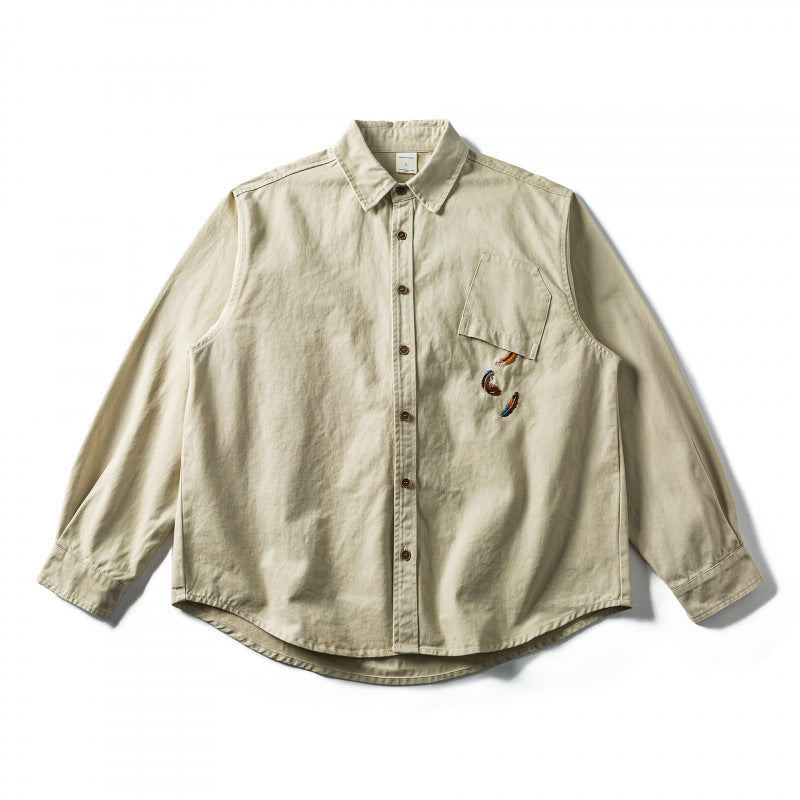 Unisex Oversize Shirt Jacket made of Canvas Cotton Blend with Chest Pocket and Decorative Embroidery Mune Fashion