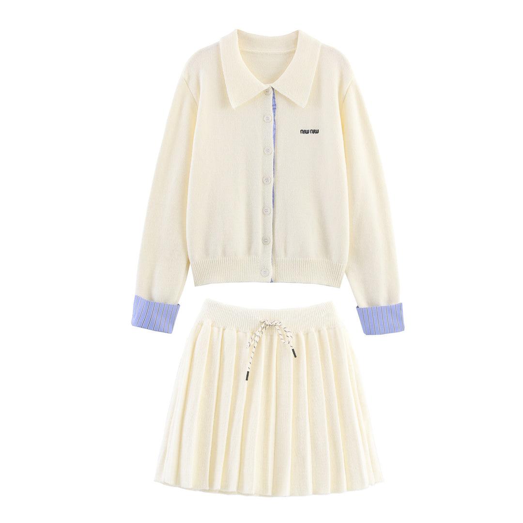 Women Two-Piece Fine Knit Set with Shirt Collar Cardigan and Pleated Skirt Mune Fashion