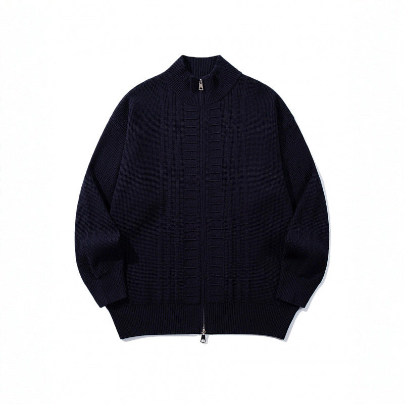 Men's chunky knit zip cardigan with high collar and double zipper Mune Fashion