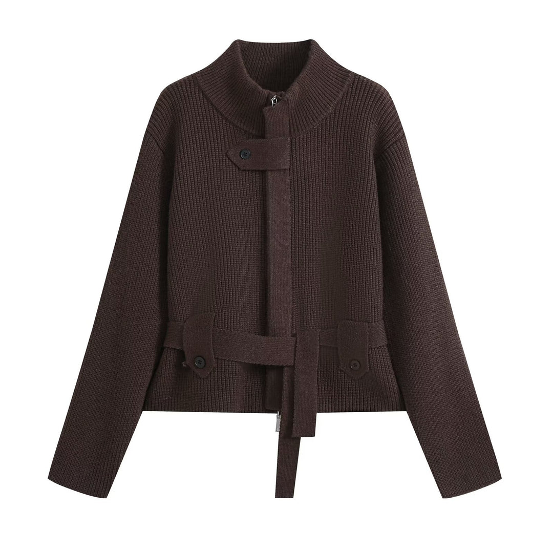 Ladies Short Knitted Tailored Cardigan with Stand-up Collar and Waist Belt Drune