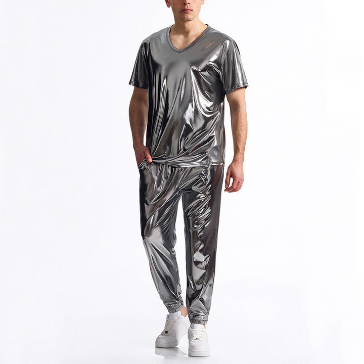 Men's Sporty Set Made Of Shiny Material with V-Neck Mune