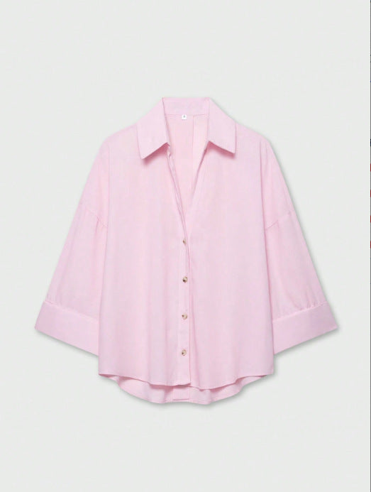 Women's Lightweight Oversized Linen Look Blouse with Three-Quarter Sleeves and Full Button Placket Mune Fashion