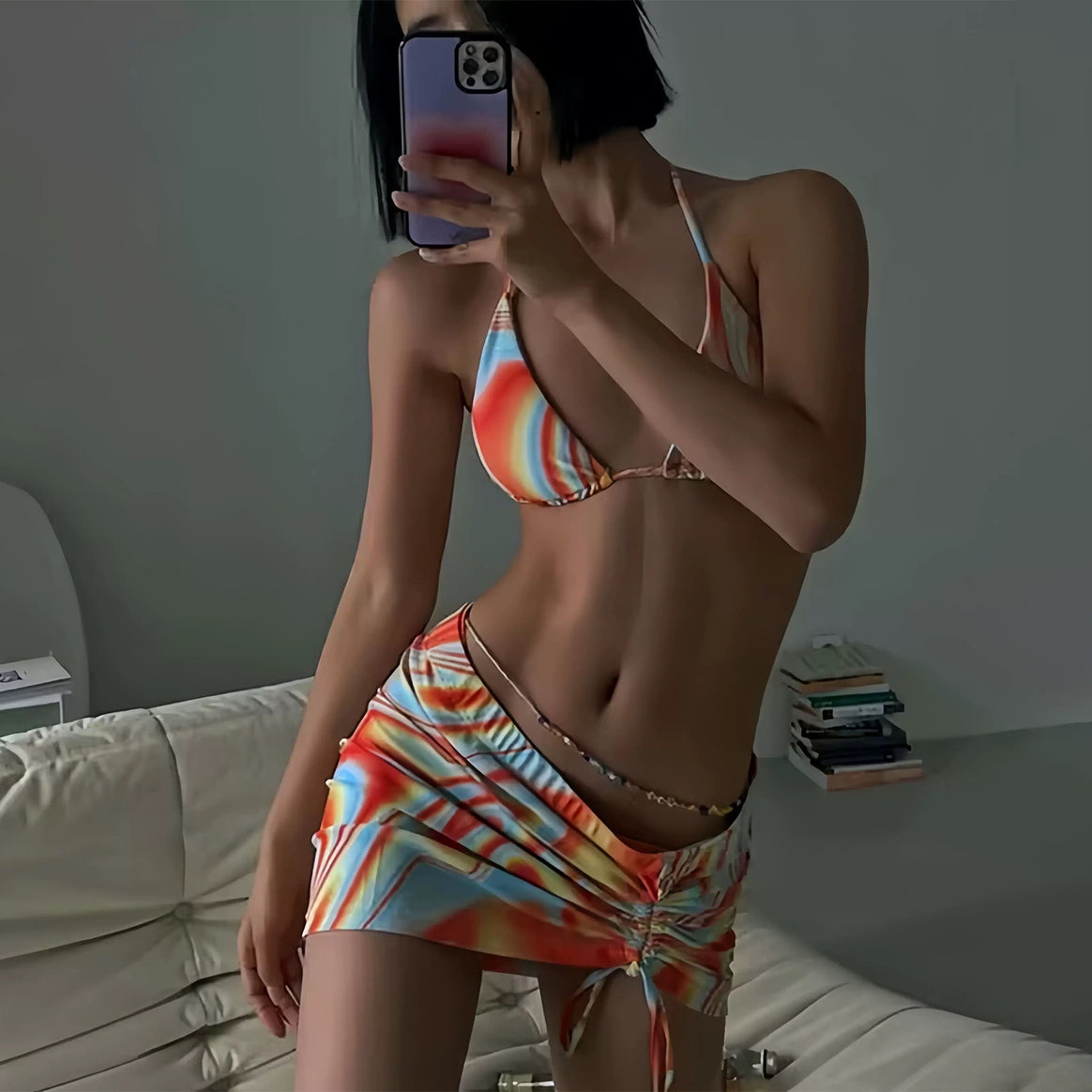 Women's bikini set with colorful wave pattern and adjustable briefs Mune Fashion