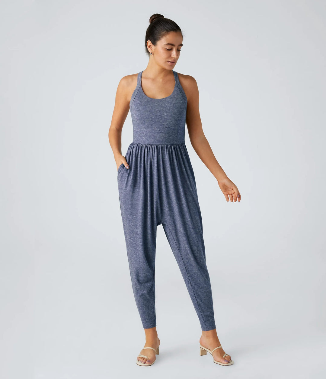 Women's casual jersey jumpsuit with racerback, smocked waist and side pockets Mune Fashion