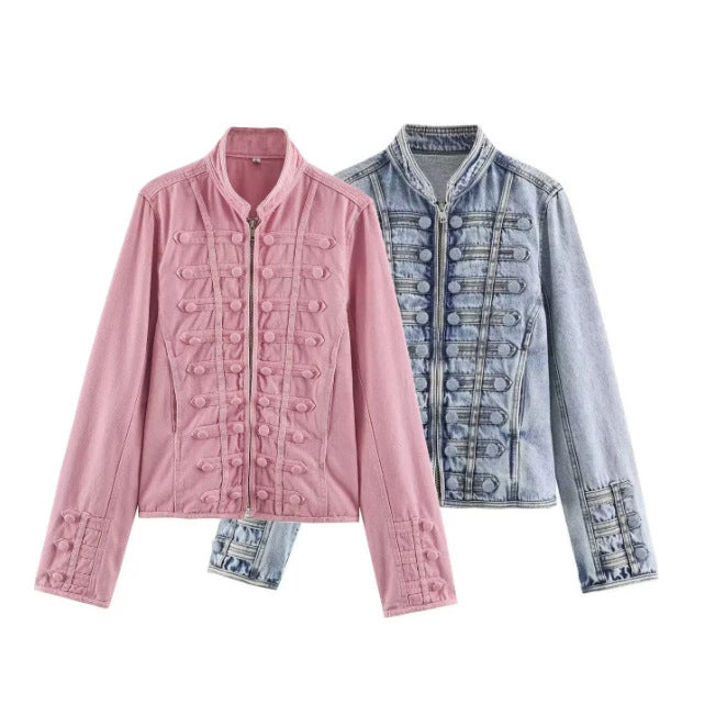 Women Tailored Short Jacket in Historical Uniform Style with Stand-Up Collar Mune Fashion
