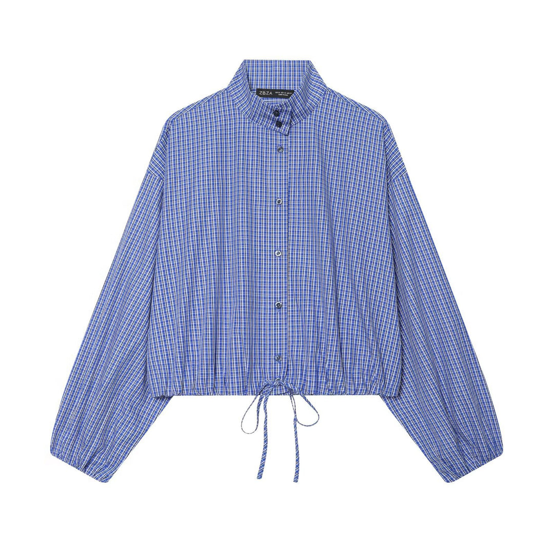 Women's Checkered Cropped Shirt with Stand Collar, Drawstring Hem and Balloon Sleeves Mune Fashion
