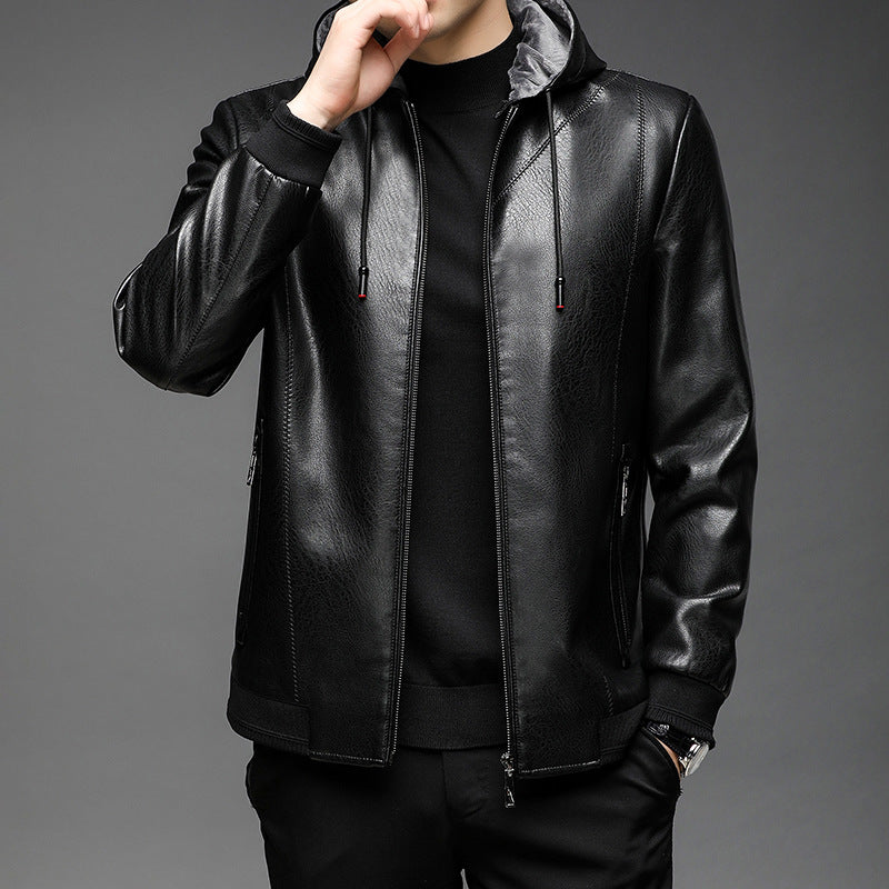 Men's faux leather hooded jacket with fine texture, zipper, and ribbed cuffs Mune Fashion