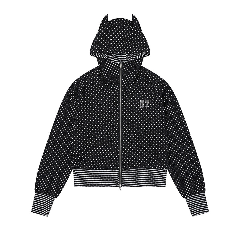 Ladies Hooded Sweat Jacket with Zipper, Ear Application and Allover Dots Mune Fashion