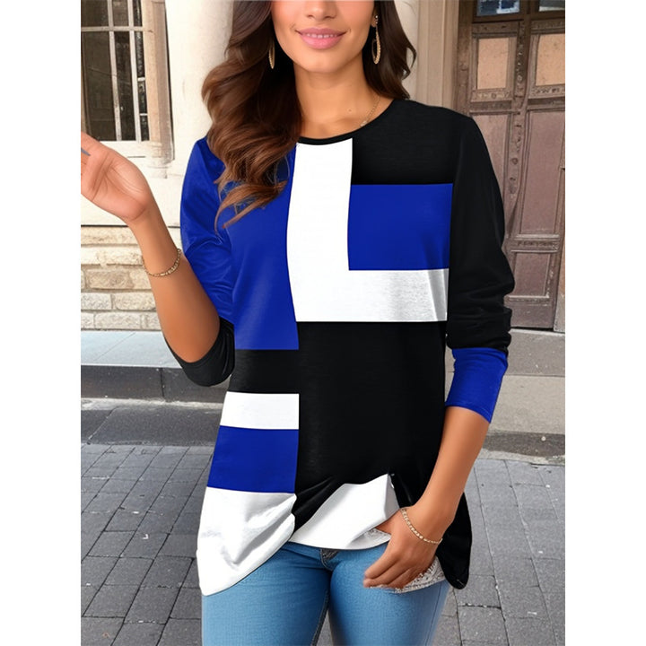 Women's geometric color block long sleeve tunic top with round neck and asymmetrical hem Mune Fashion