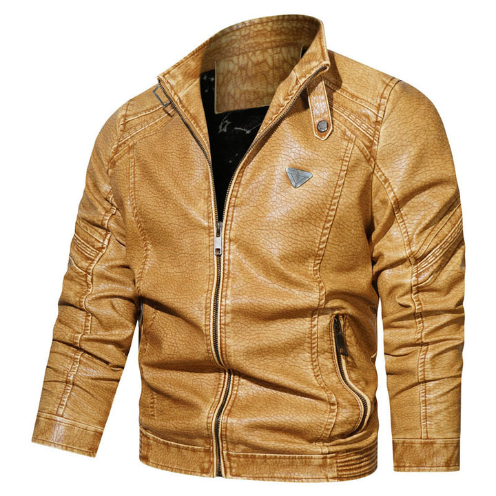 Men's Denim-Look Biker Jacket with Textured Surface and Stand-Up Collar Mune Fashion