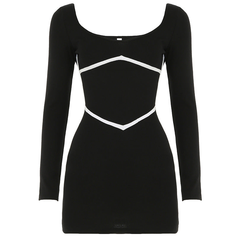 Women Ribbed Long Sleeve Mini Dress with Contrast Corset Seams and Boat Neck Mune Fashion