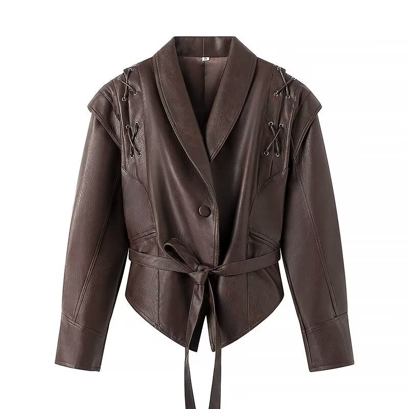 Women's tailored faux leather blazer with shawl collar, lacing details on the shoulder, and tie belt Mune Fashion