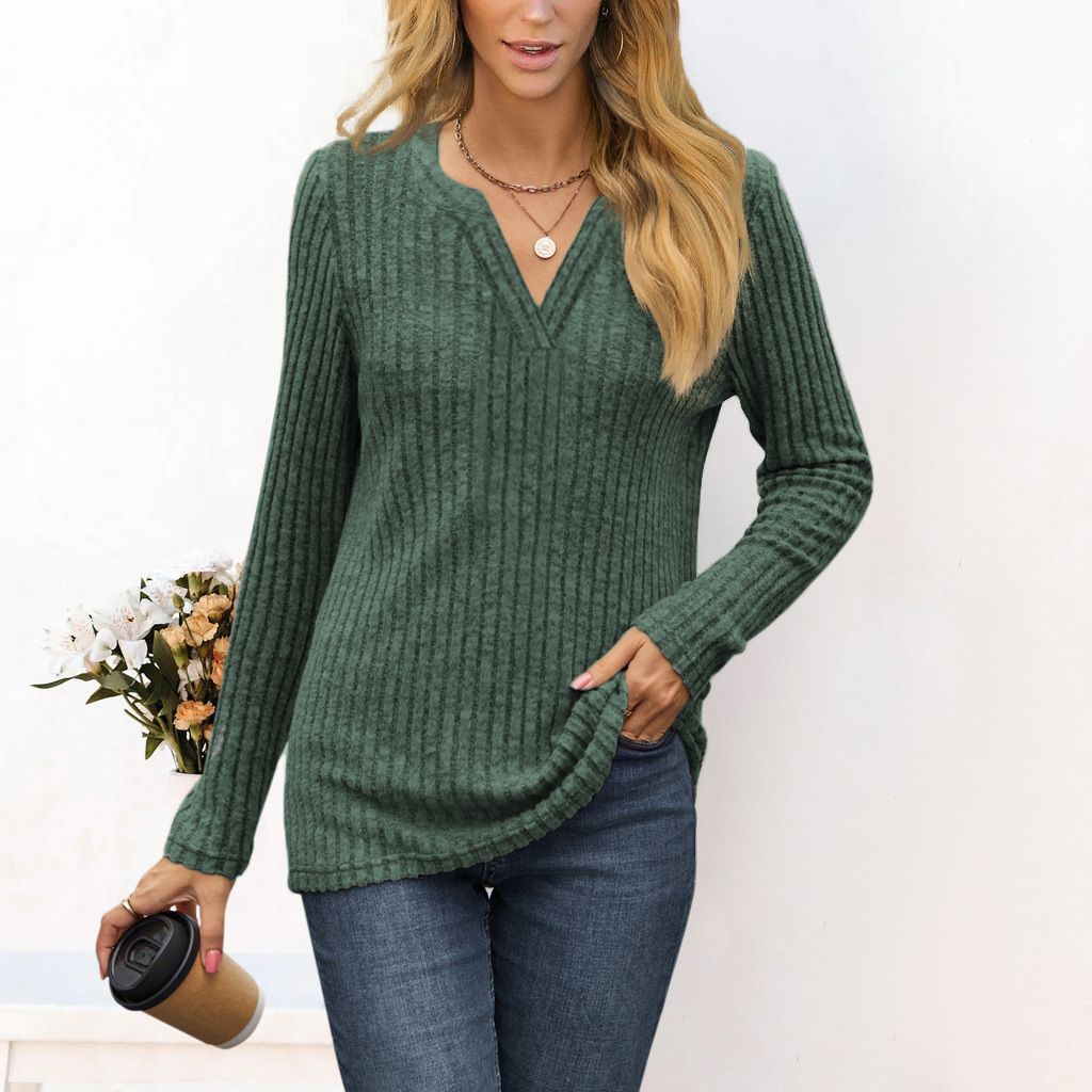 Ladies fine ribbed knit shirt with deep V-neck and tunic length Mune Fashion
