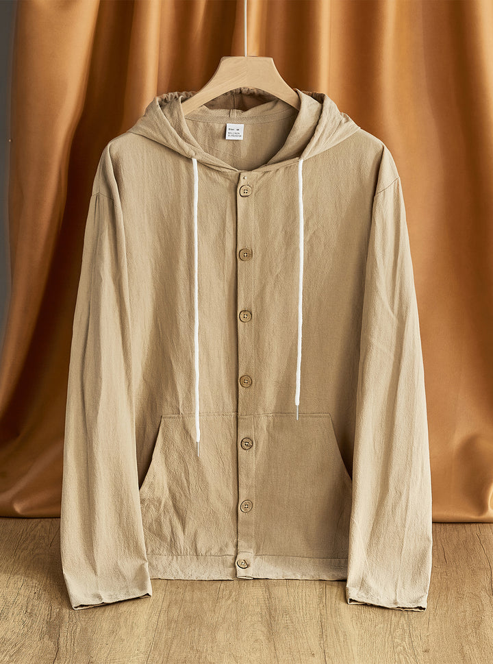 Men's lightweight hoodie jacket with button placket, kangaroo pocket, and drawstring Mune Fashion
