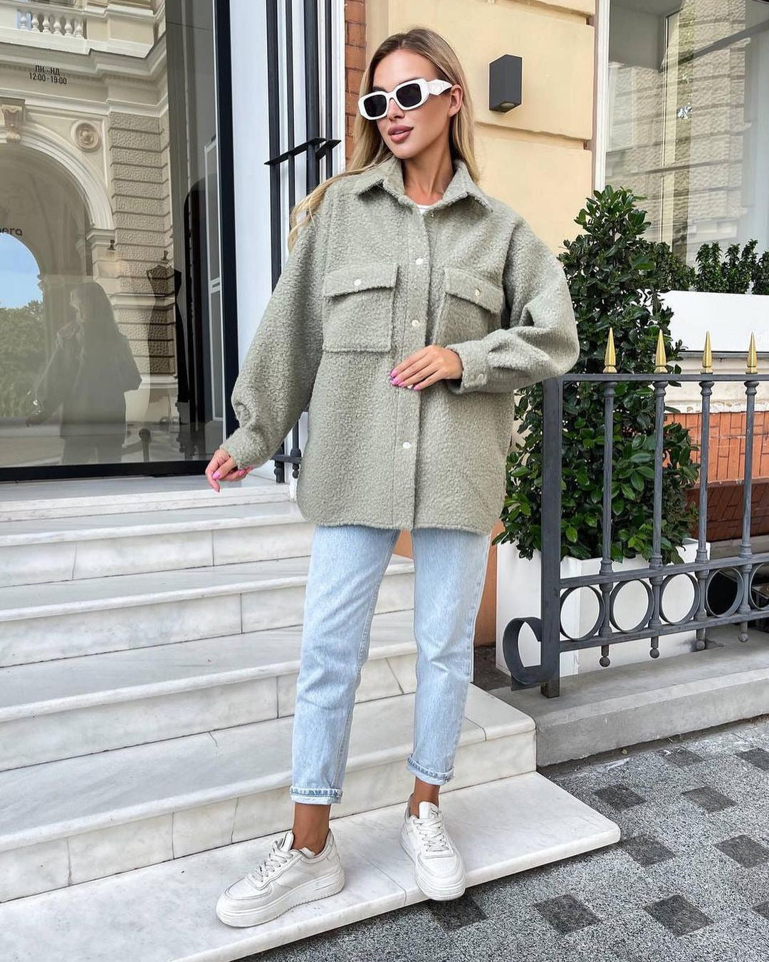 Women's Oversized Teddy Transitional Jacket with Chest Pockets and Snap Buttons Mune Fashion