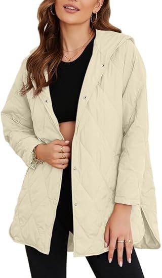 Women's quilted hooded jacket with snap button placket, side slits, and medium length Mune Fashion