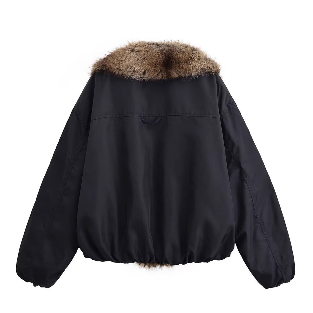 Ladies Short Quilted Bomber Jacket with Voluminous Faux Fur Shawl Collar Mune Fashion