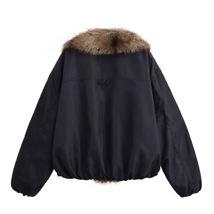 Ladies Short Quilted Bomber Jacket with Voluminous Faux Fur Shawl Collar Mune Fashion