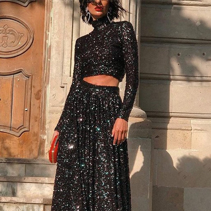 Women two-piece sequin evening set with high-neck crop top and flowing maxi skirt Mune Fashion