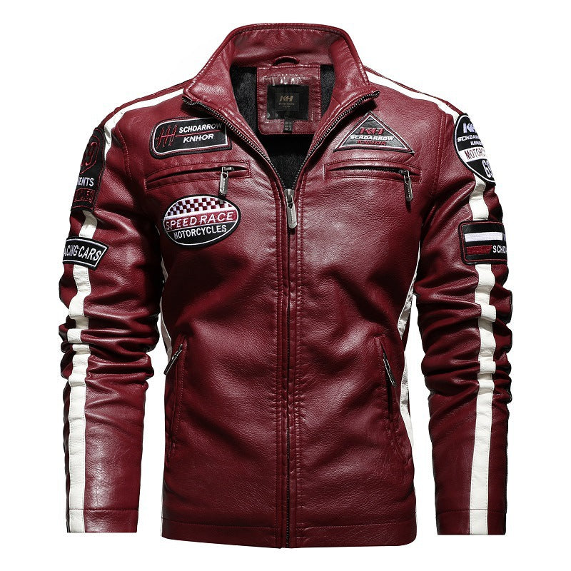 Men's Racing-Style Faux Leather Jacket with Patches, Contrast Stripes and Stand-Up Collar Mune Fashion